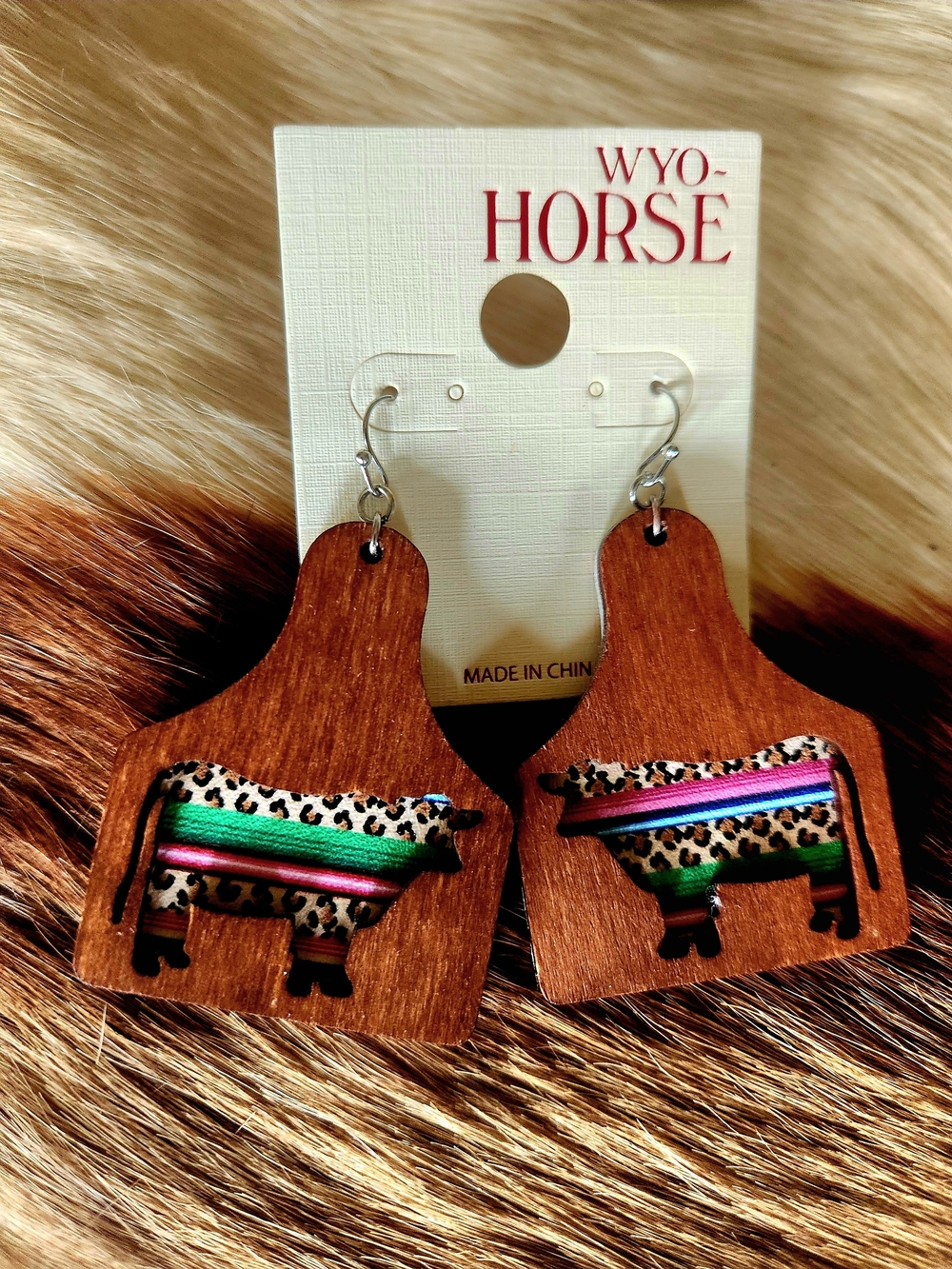 Brown Wooden Cow Earrings with Multicolor Stripe Accents